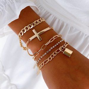 5 Piece Cross and‎ Paperclip Chain Bracelet Set